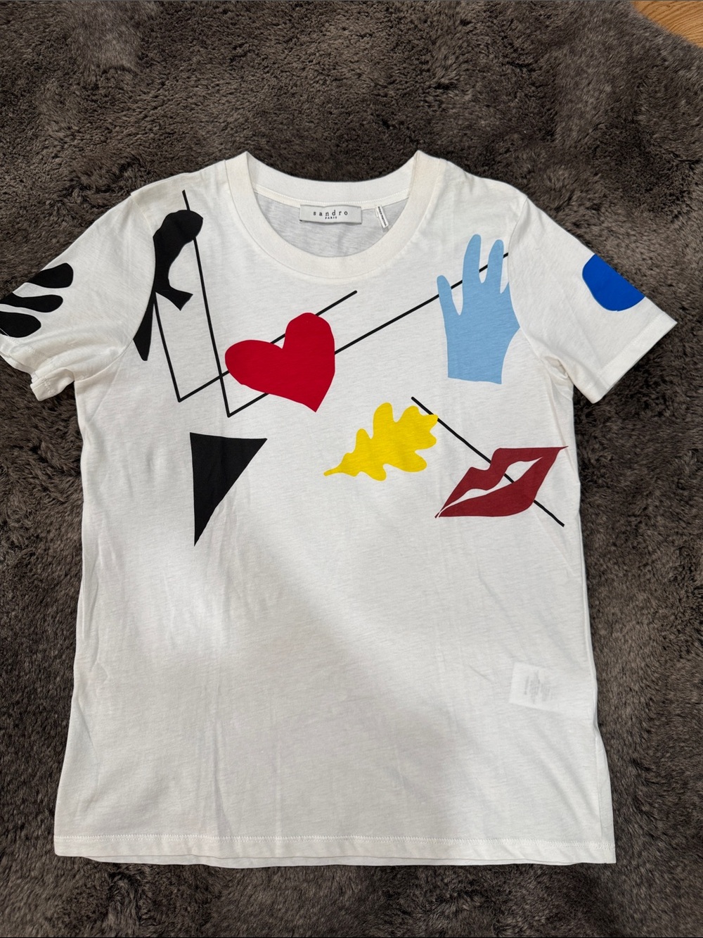 Sandro Paris White Tee with Red, Blue, Yellow and Black Graphic Motifs